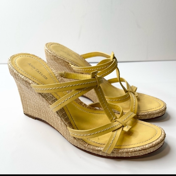 Ann Taylor Shoes - Ann Taylor Straw Wedge Sandals Yellow Strappy Slides, Size 8.5
